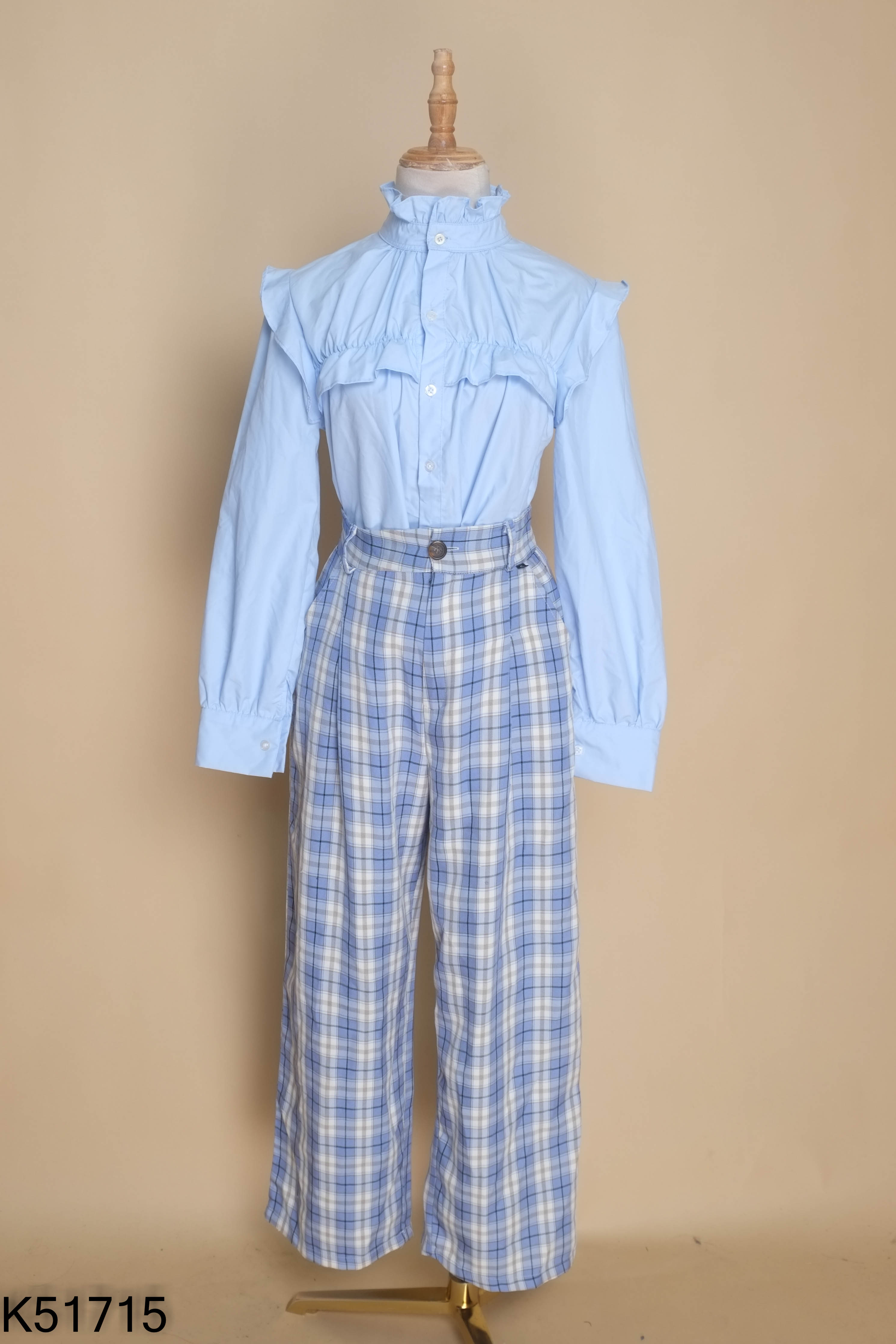 Set xanh áo sơ mi+quần kẻ
