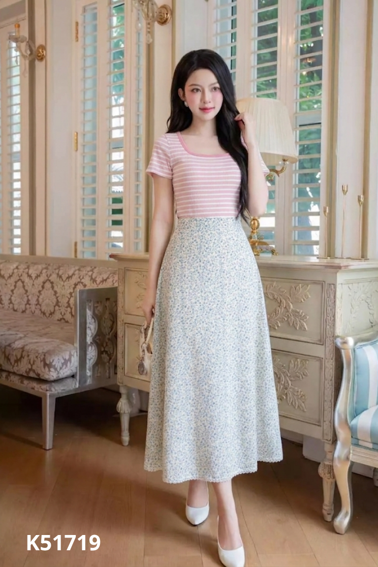 Set len hồng kẻ A.STU+váy hoa nhí