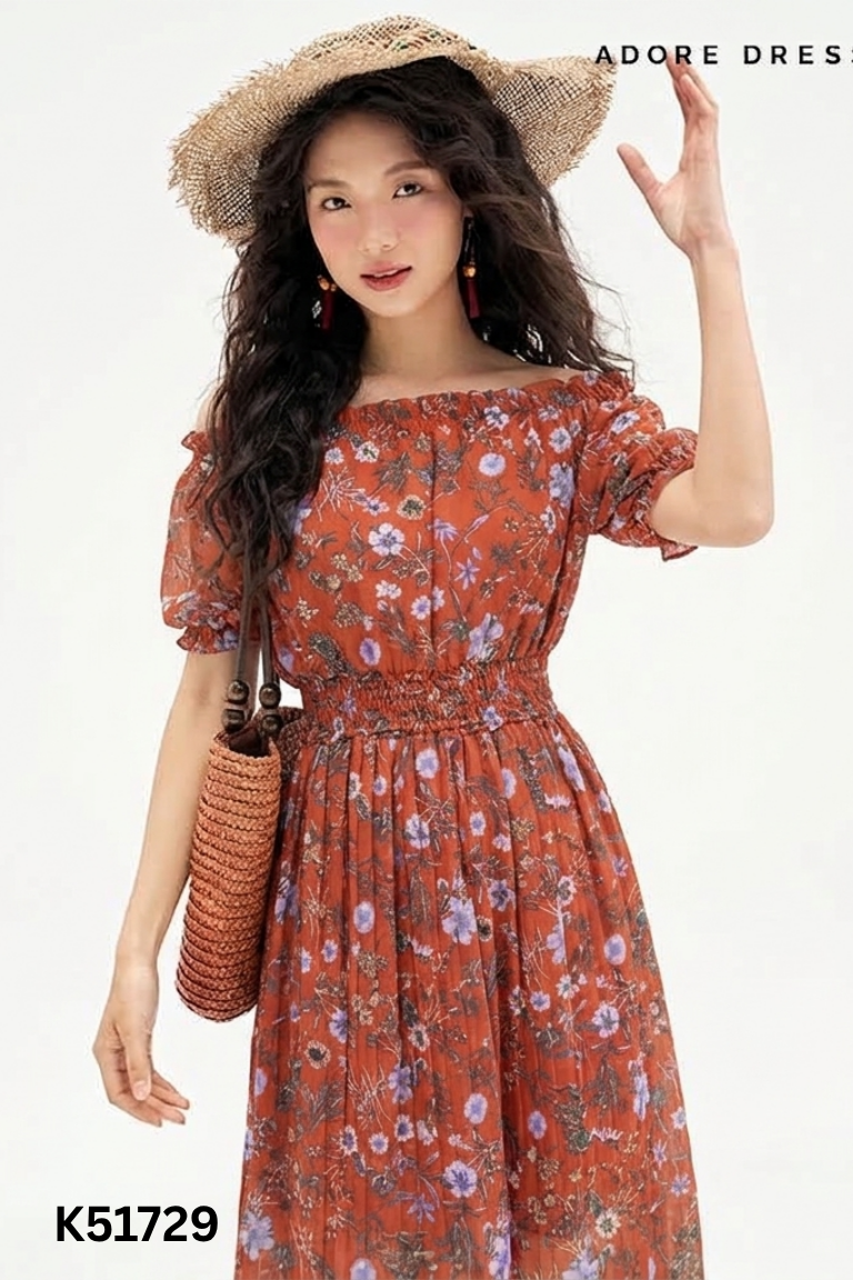 Váy voan nâu đỏ họa tiết hoa