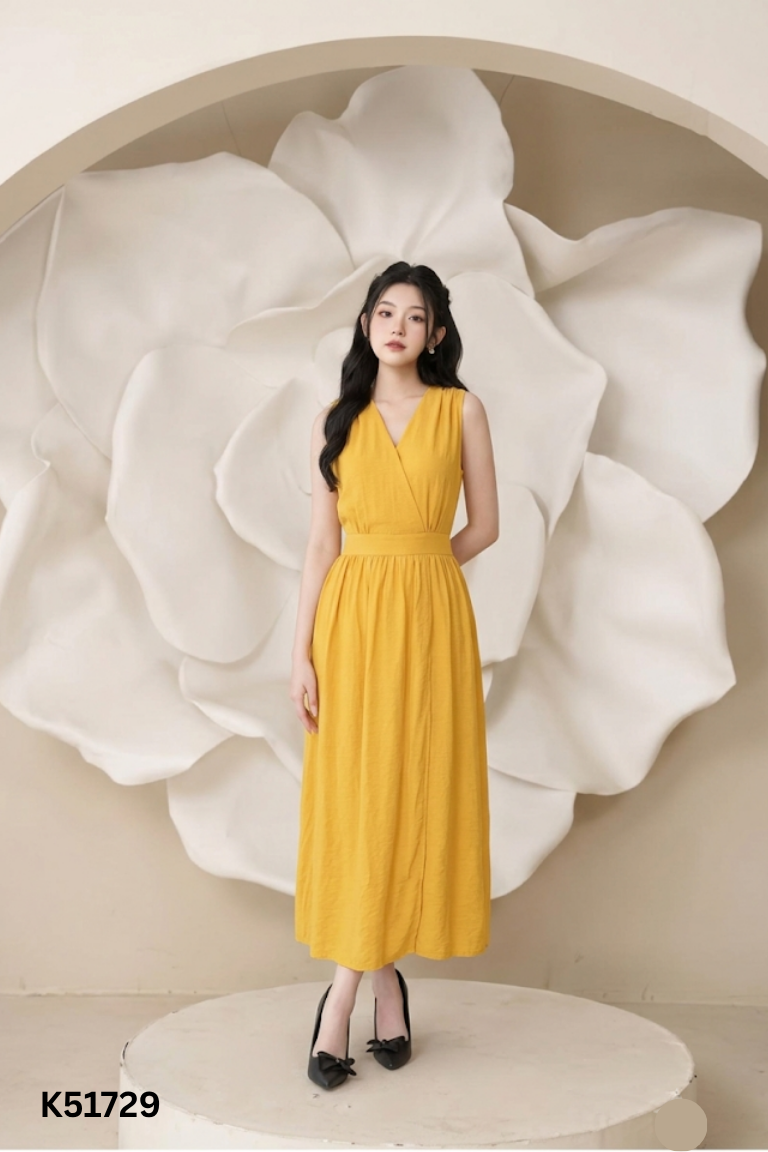 Váy vàng cổ V dáng dài