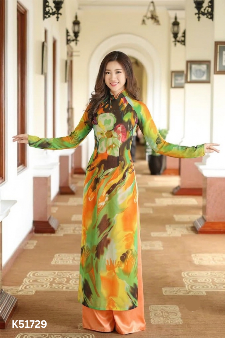 Set áo dai họa tiết + quần lụa cam