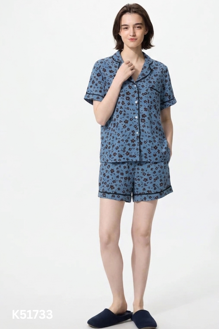 K5173310232-Set áo + quần short xanh họa tiết