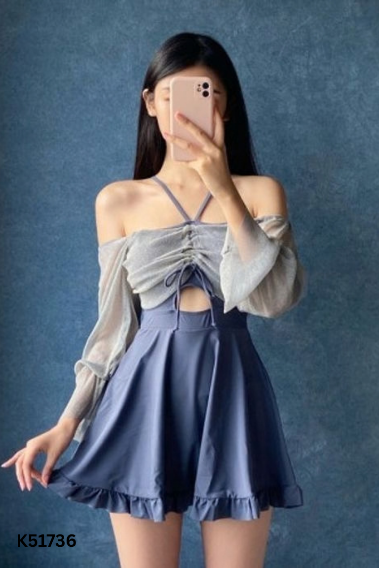 Váy xanh phối lưới ngực