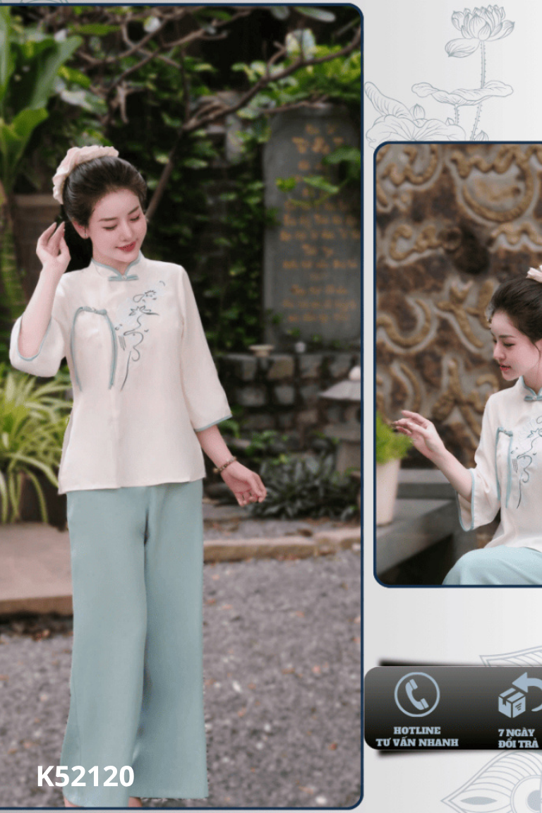 SET áo kem thêu hoa+ quần xanh