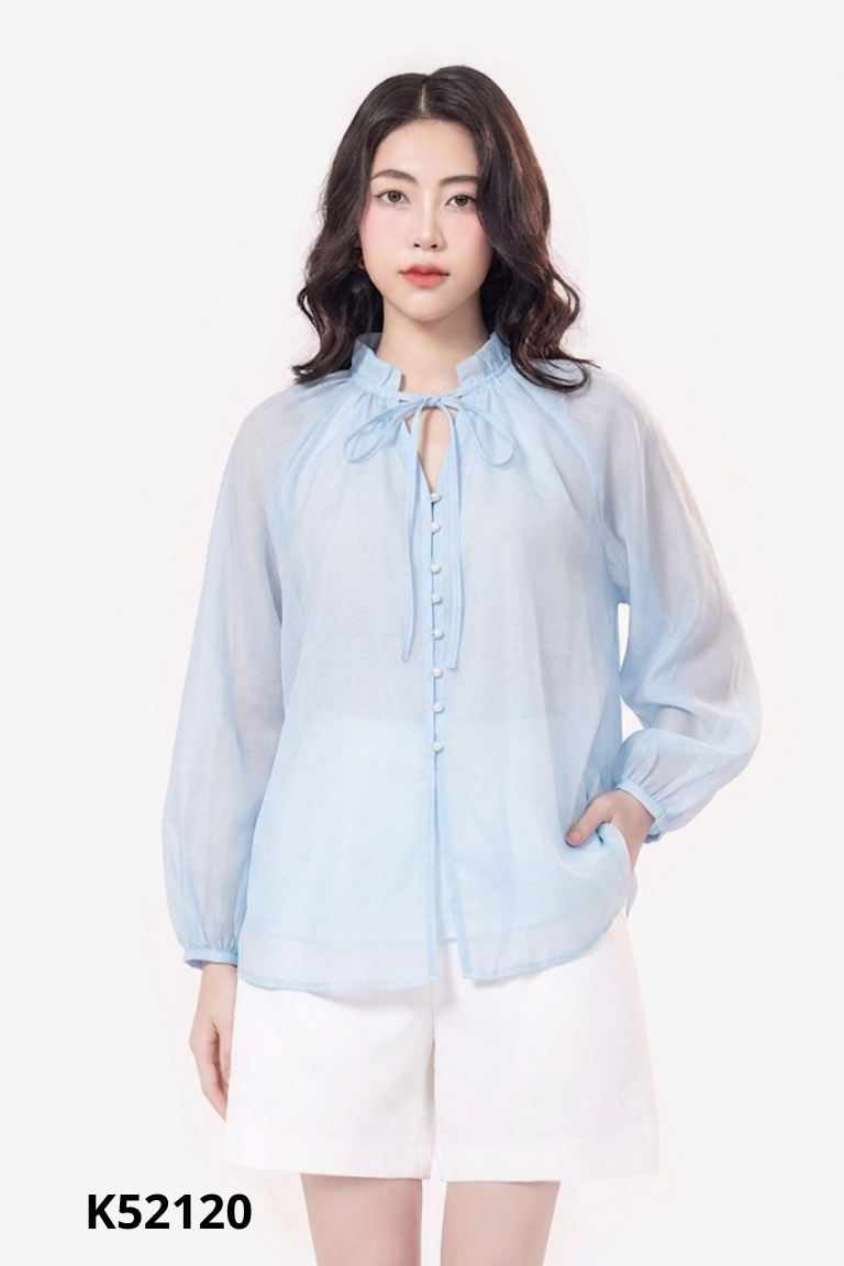 Áo kiểu xanh voan cúc ngọc