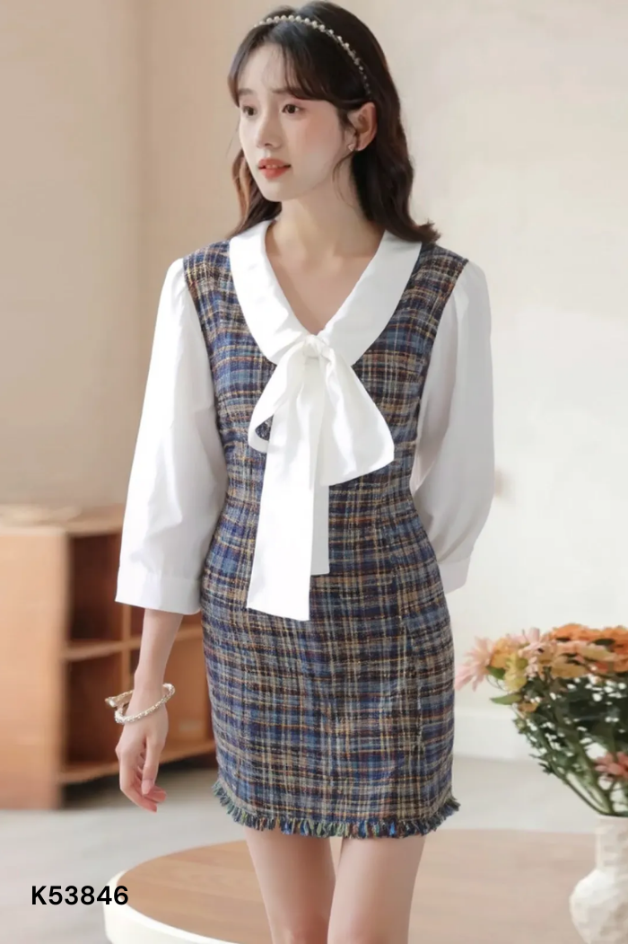 Váy dạ xanh mix lụa trắng