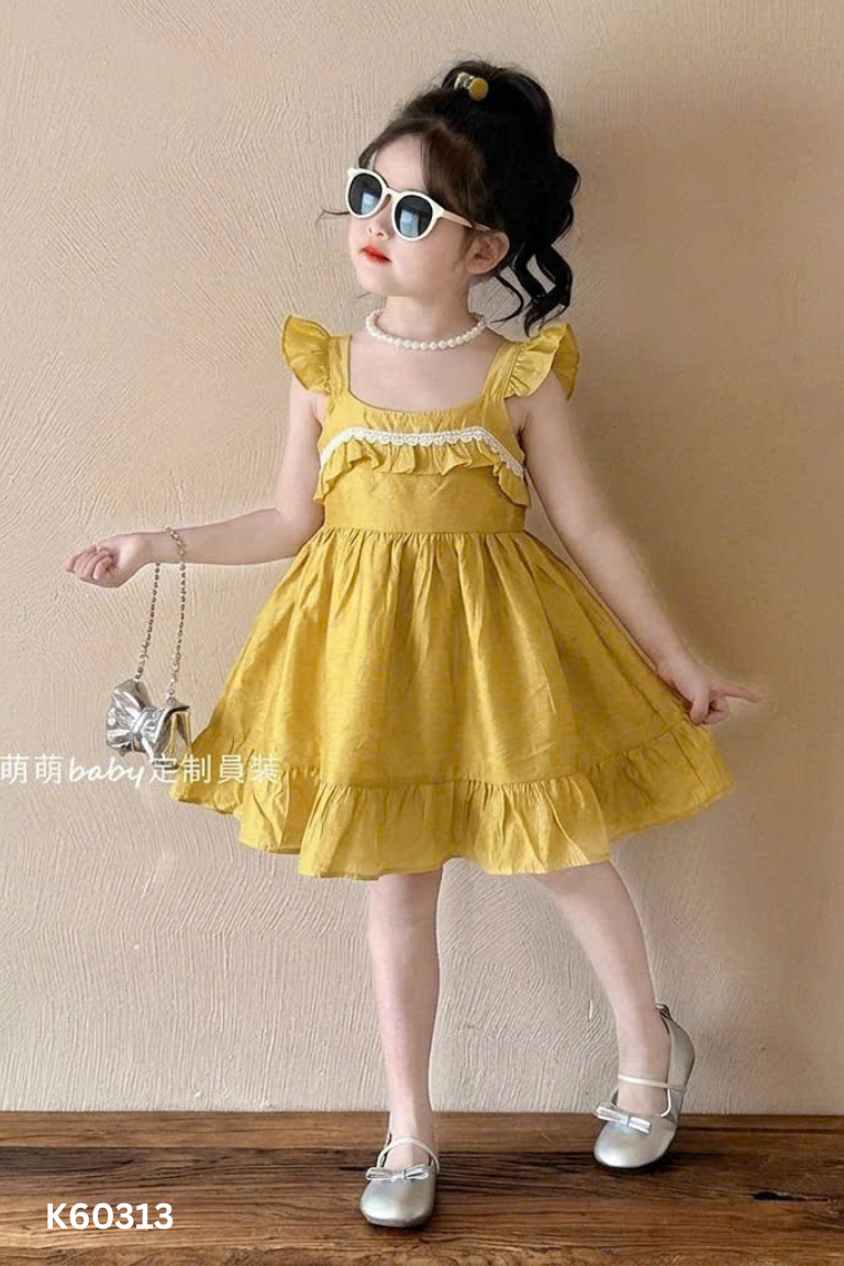 NEWTAG Váy vàng sát nách viền ren trắng KIDS