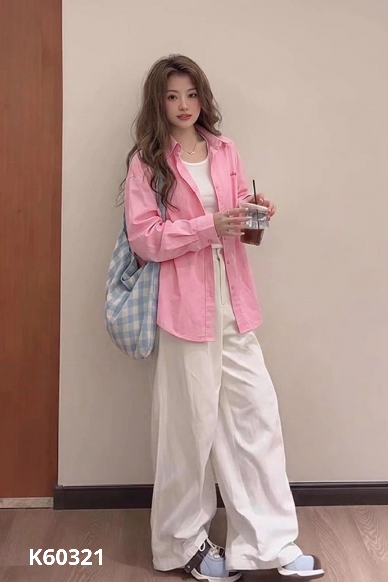 Áo sơ mi hồng YIMI MINMIN thêu chữ