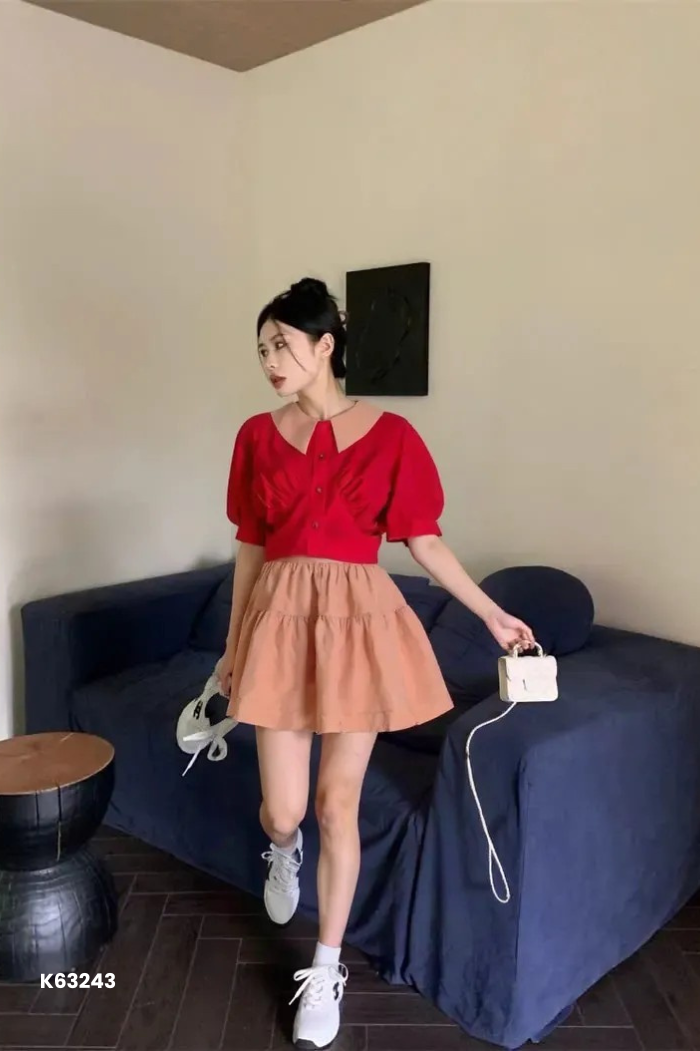 Set áo kiểu đỏ+chân váy nâu