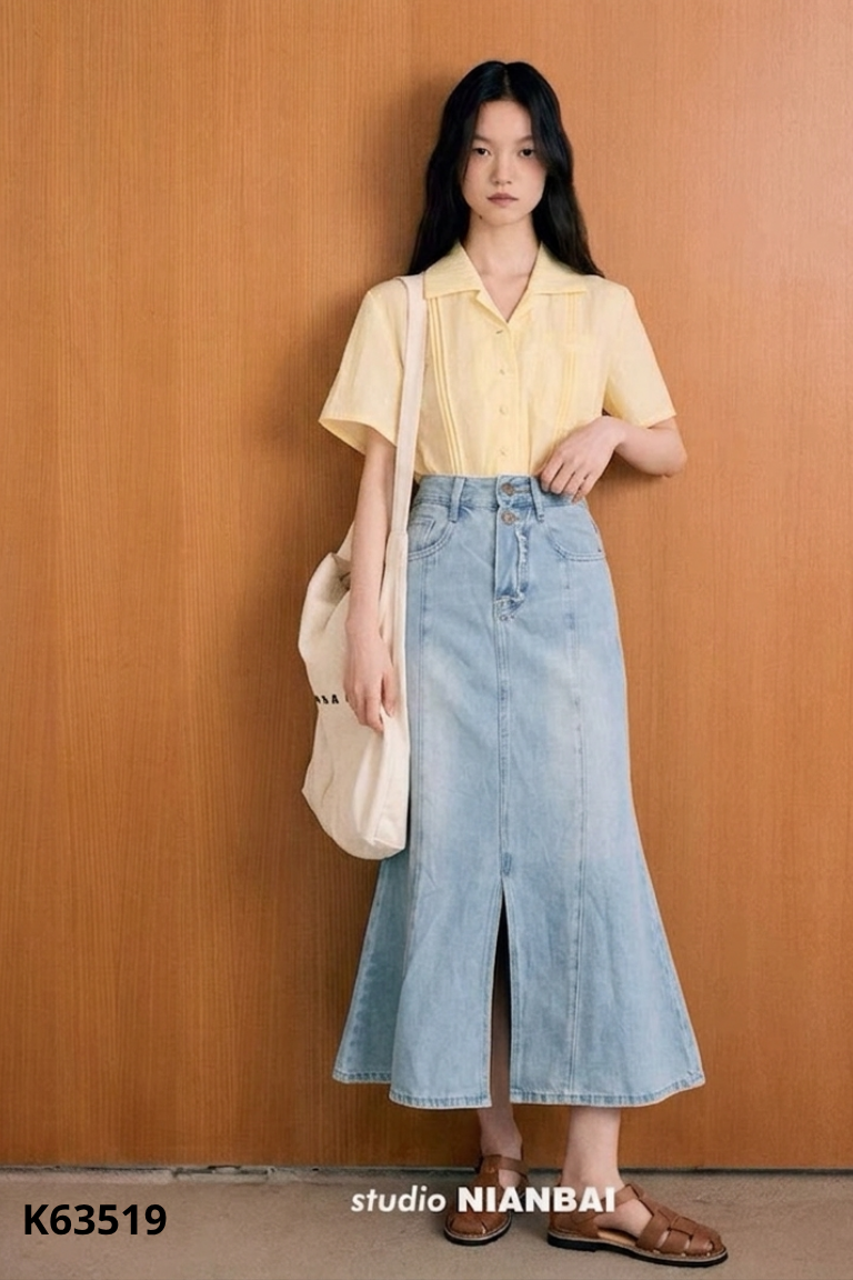 Chân váy jeans xanh dài xẻ