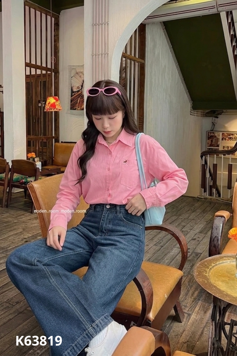 Áo sơ mi hồng trơn phối túi
