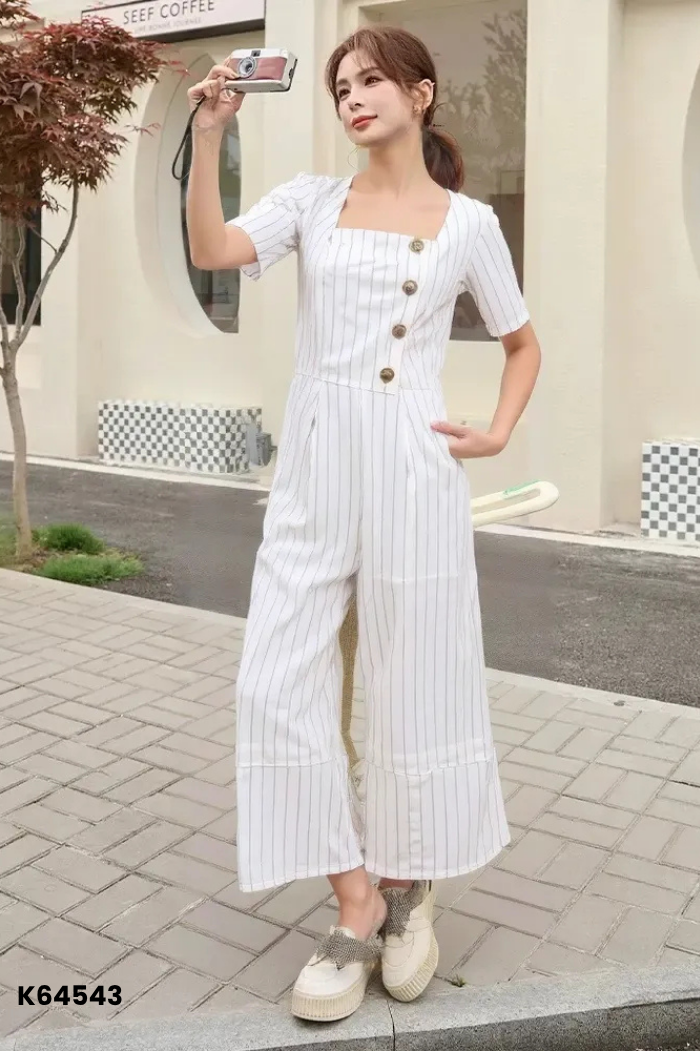 Jumpsuits dài trắng kem kẻ cổ vuông