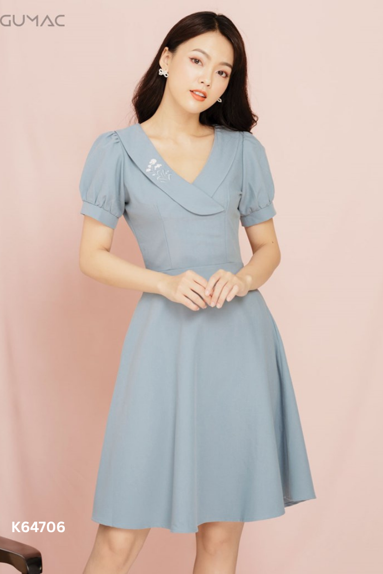 Váy GUMAC xanh cổ thêu hoa