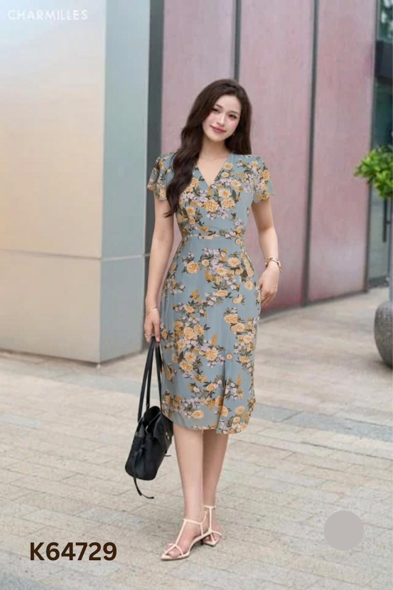 Váy LÉP xanh hoa cổ tim