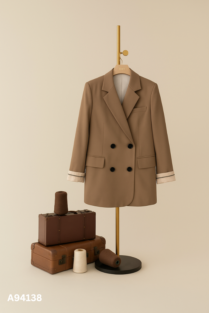 Áo blazer nâu be phối sọc trắng