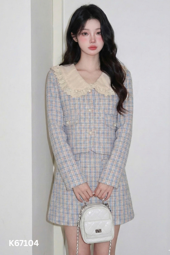 NEWTAG Áo dạ tweed kẻ phối cổ kem + chân váy