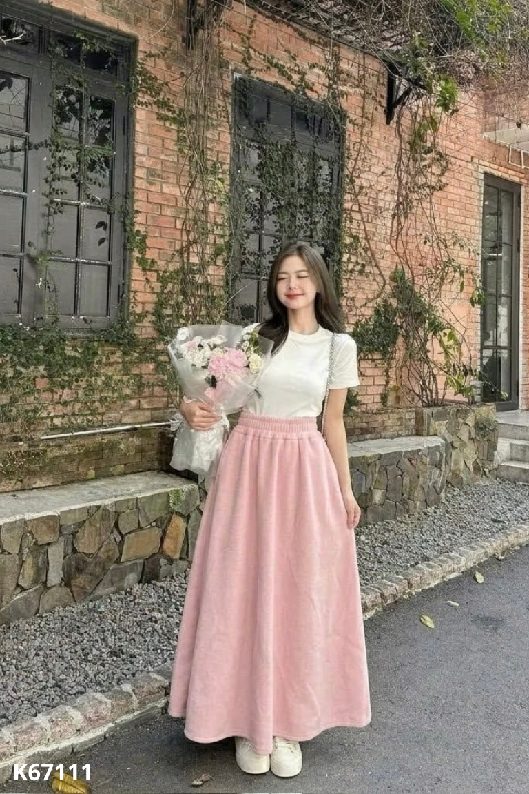 NEWTAG Chân váy dạ hồng dài