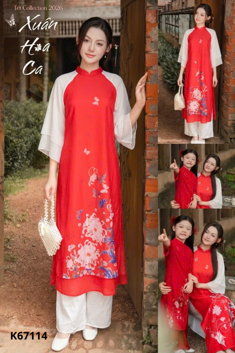 Set BONNA DESIGN áo dài đỏ + quần lụa trắng