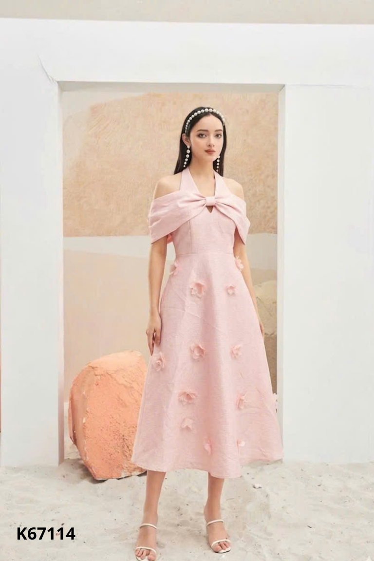 NEWTAG Váy taffa hồng nơ ngực