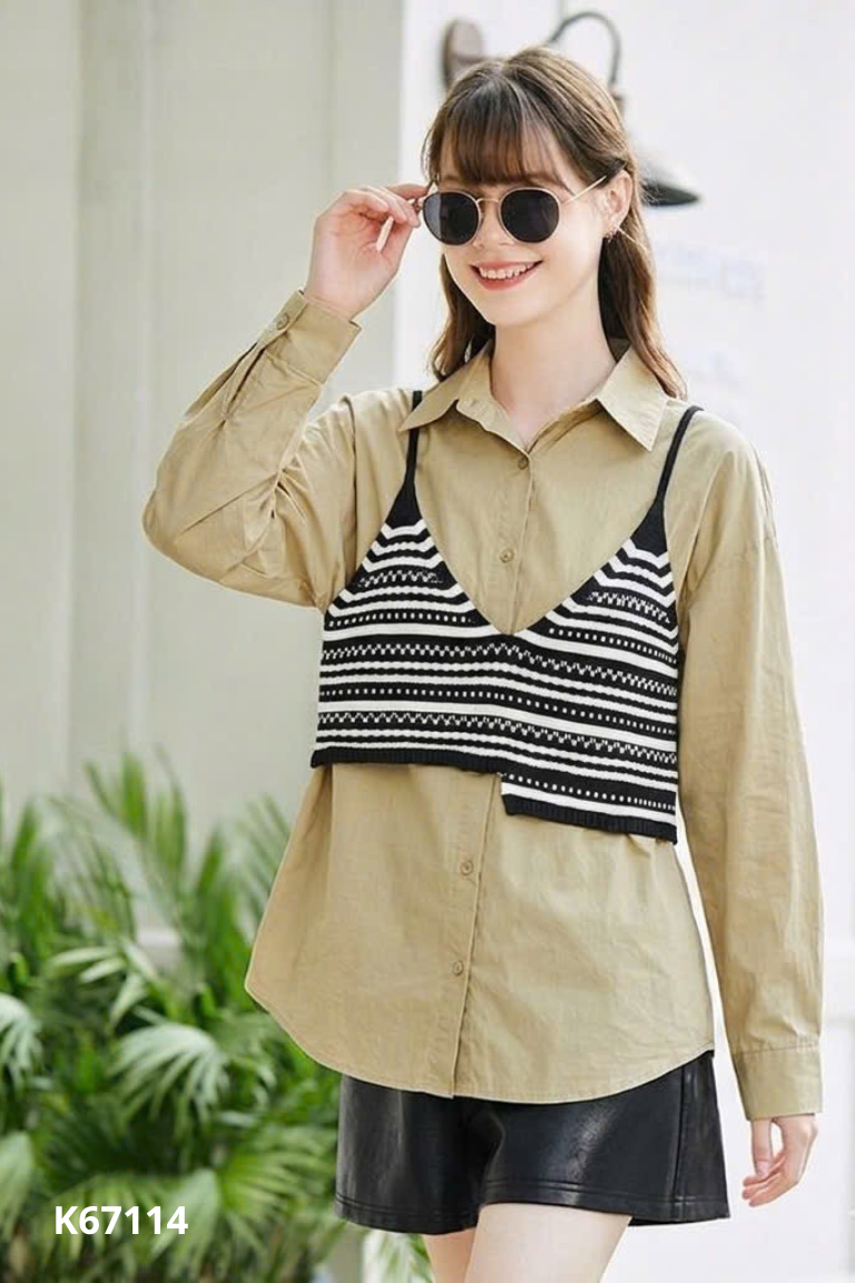 Áo sơ mi xanh rêu phối len
