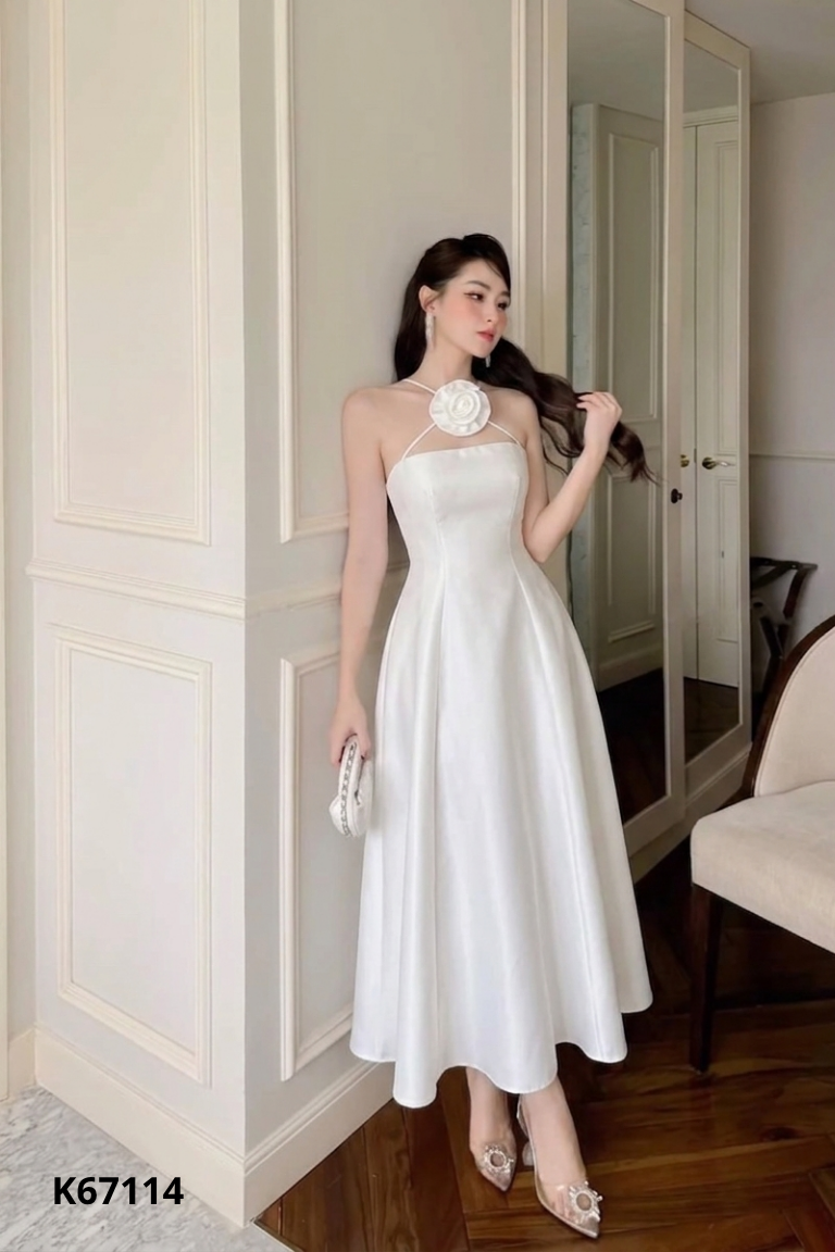NEWTAG Váy taffa trắng đính hoa