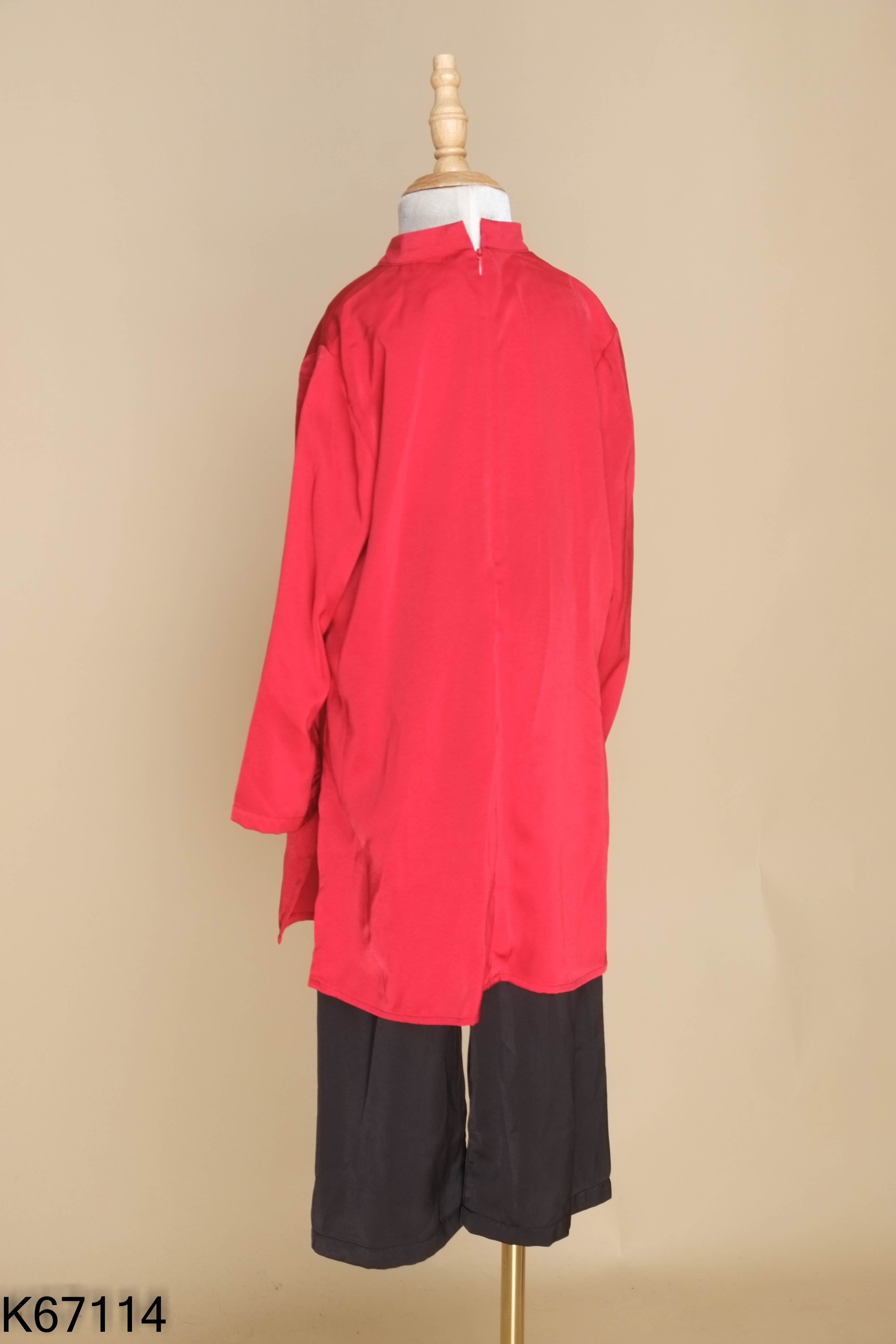 Set áo dài lụa đỏ + quần đen kid