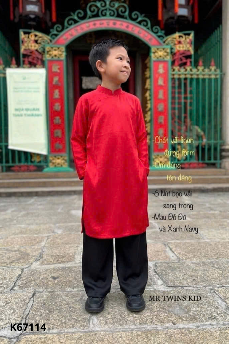 Set áo dài lụa đỏ + quần đen kid