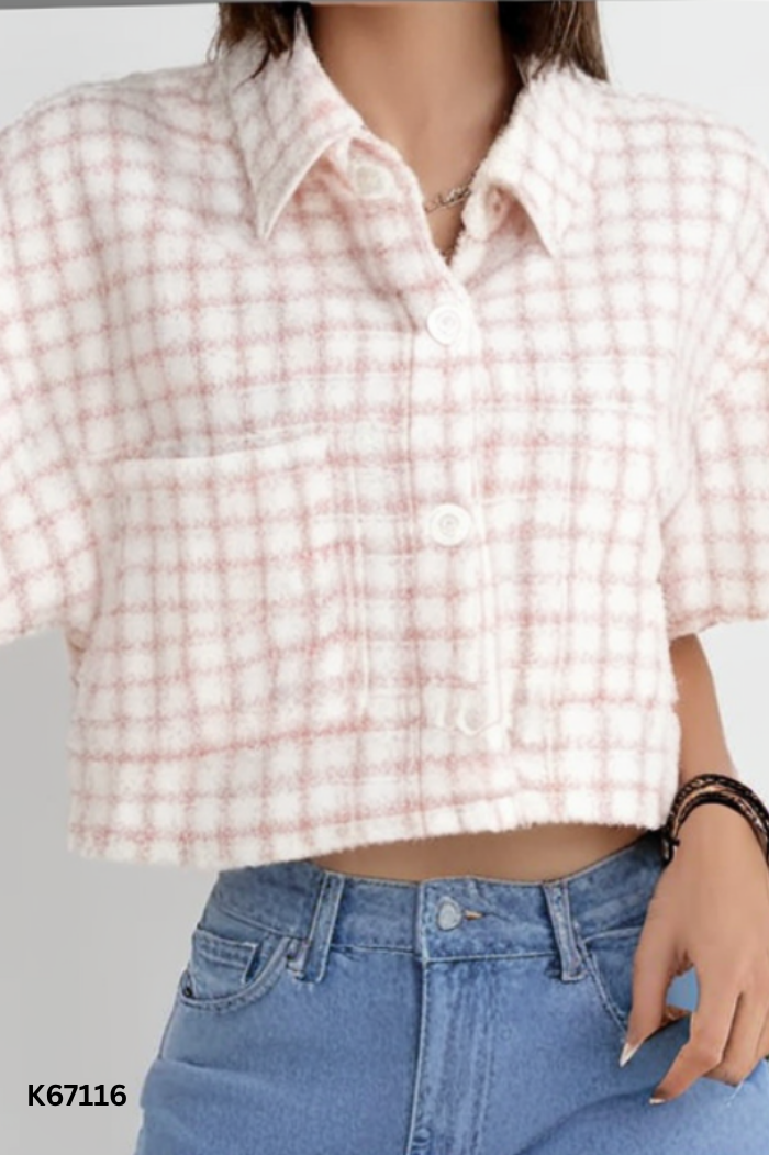 Áo dạ hồng kẻ ngắn tay