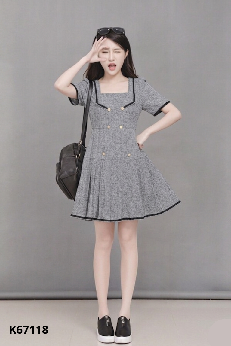 Váy dạ tweed đen mix trắng xếp ly