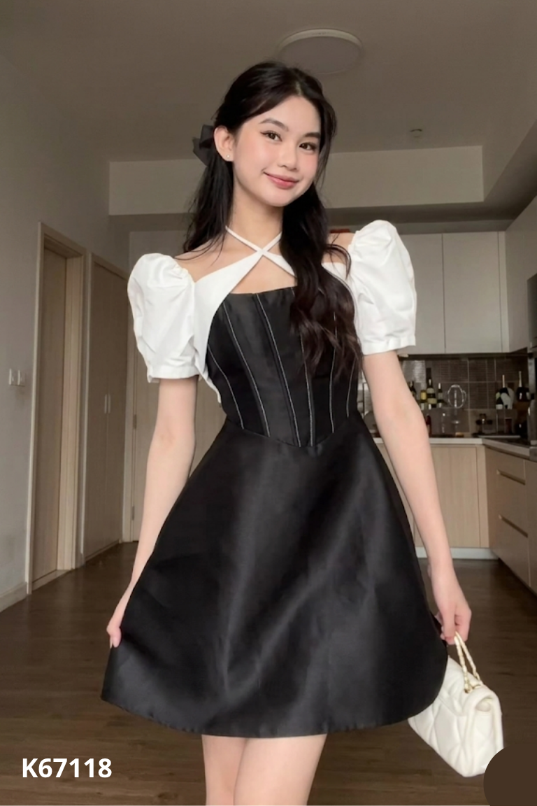 Váy đen phối trắng CHIBEST cổ vuông