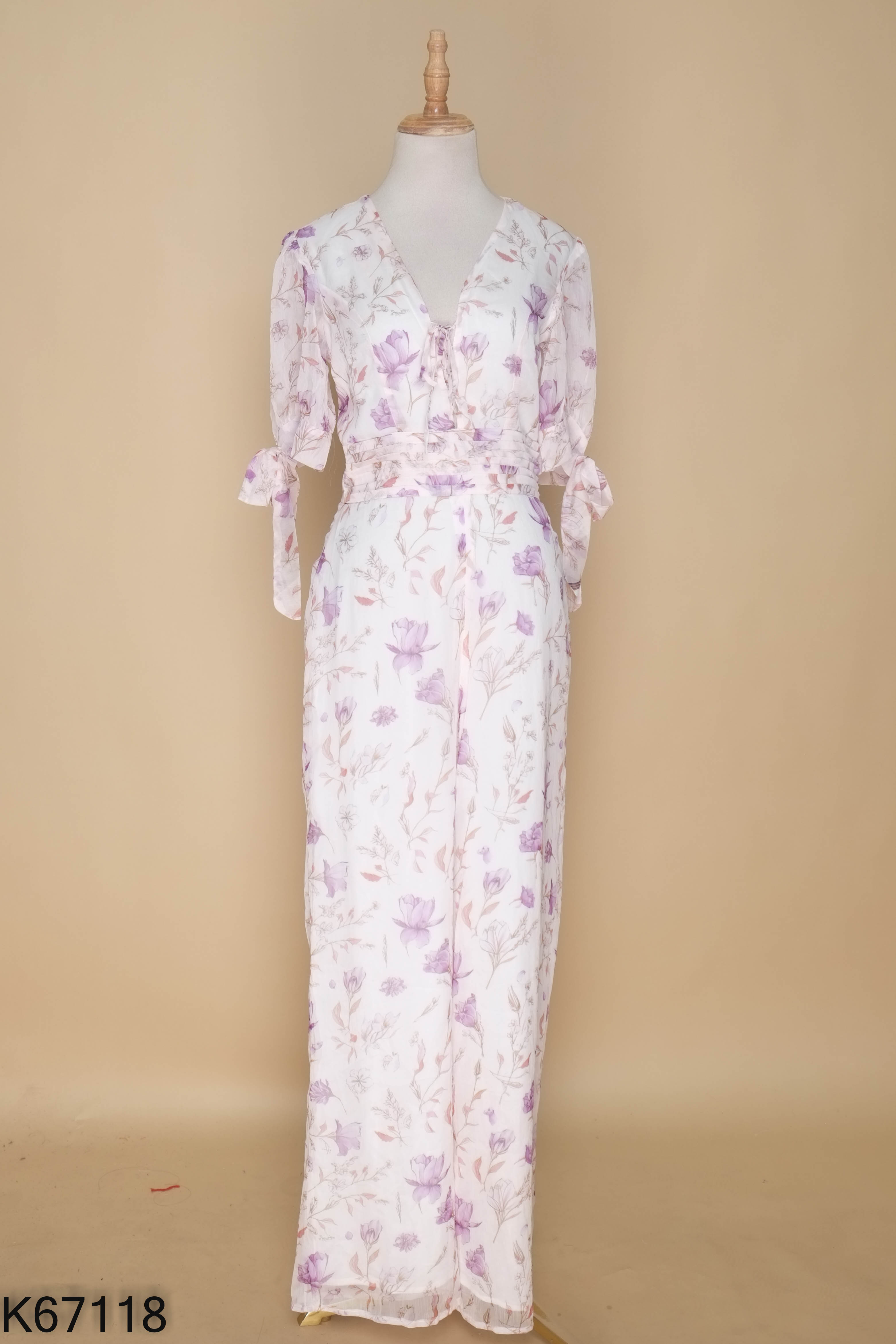 NEWTAG Jumpsuit trắng YEN CHI họa tiết hoa tím