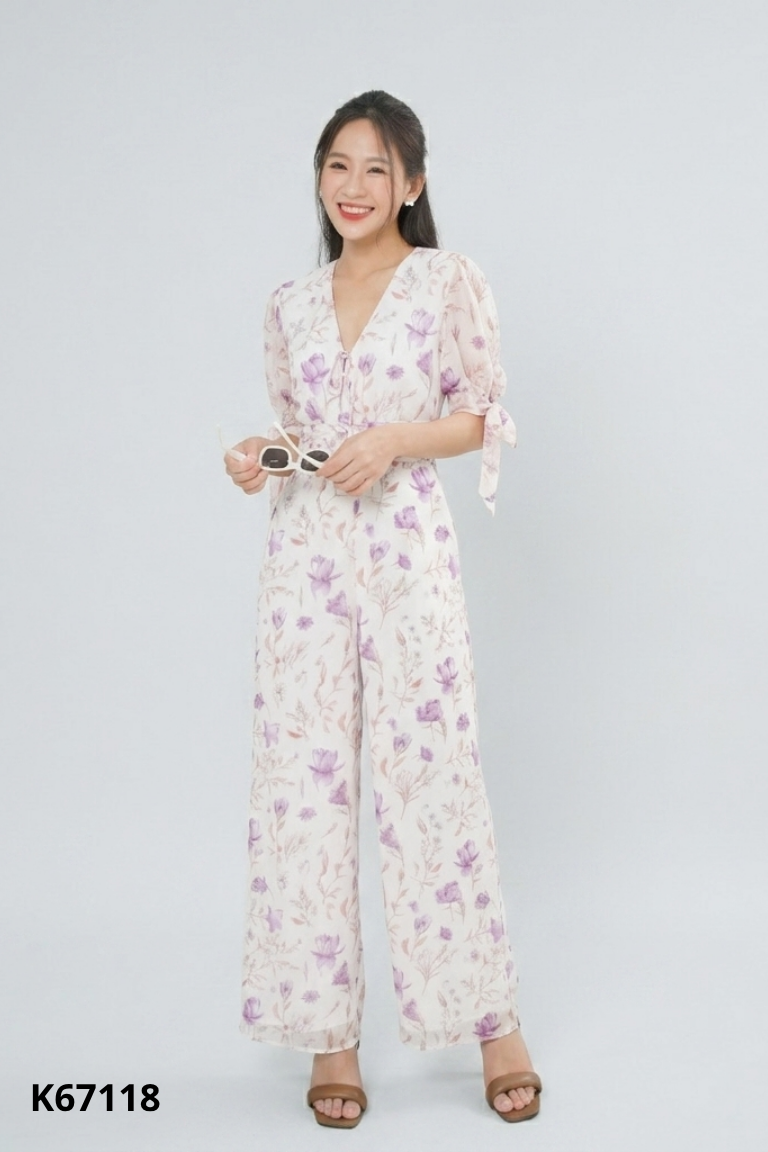 NEWTAG Jumpsuit trắng YEN CHI họa tiết hoa tím