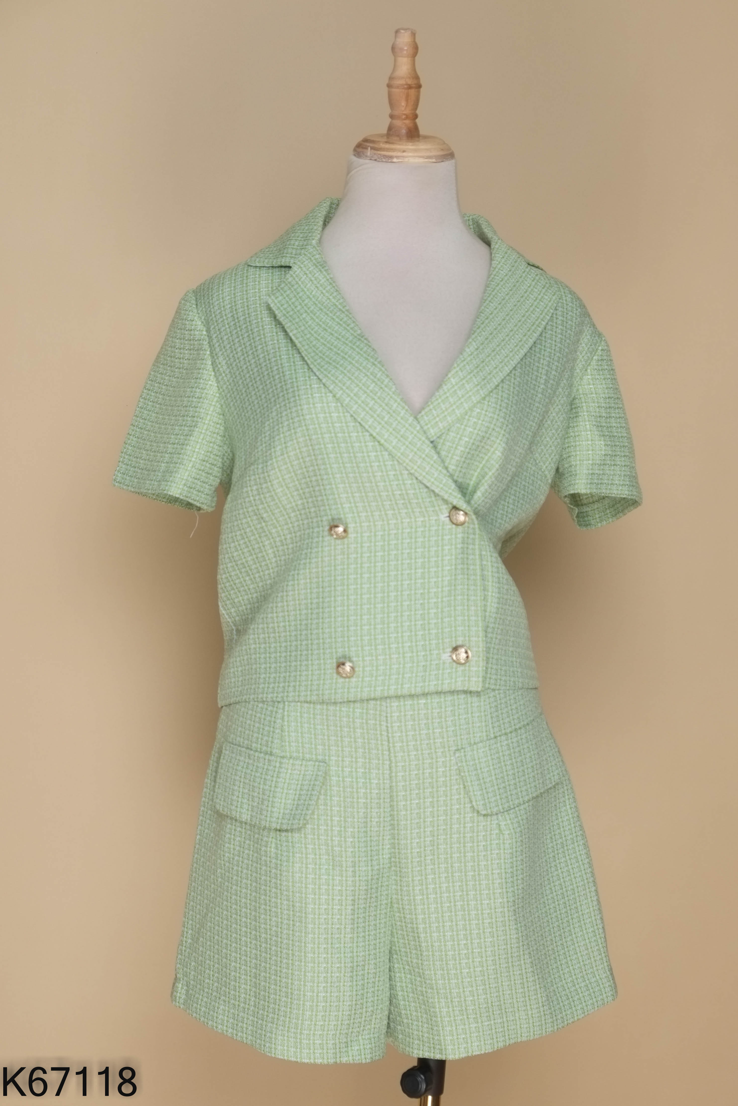 Set Áo dạ tweed xanh cổ vest + Chân váy