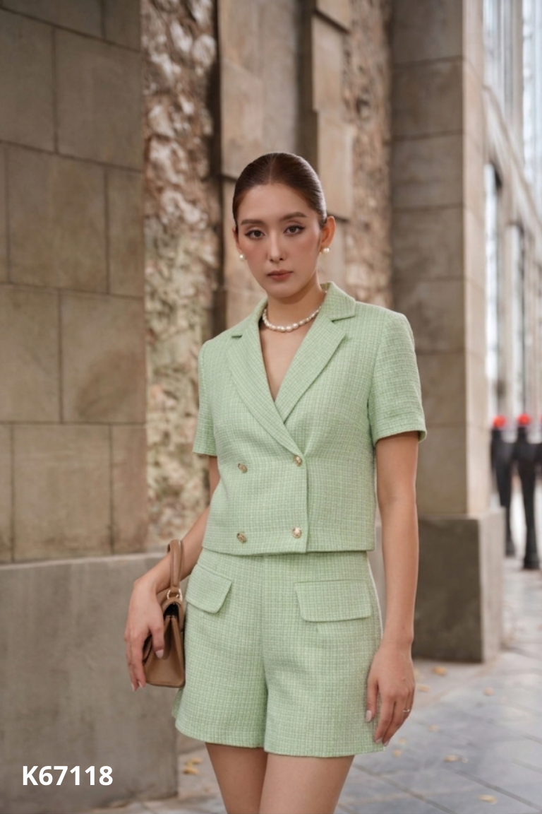 Set Áo dạ tweed xanh cổ vest + Chân váy