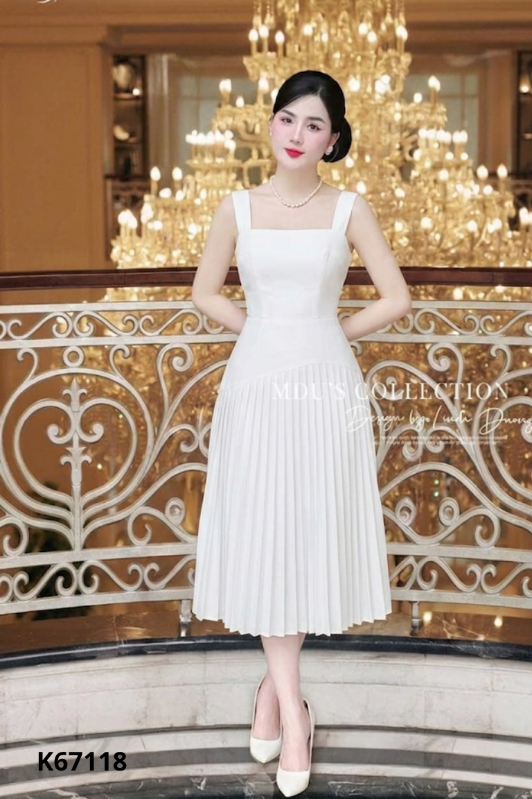 Váy 2 dây NDK trắng phối xếp li