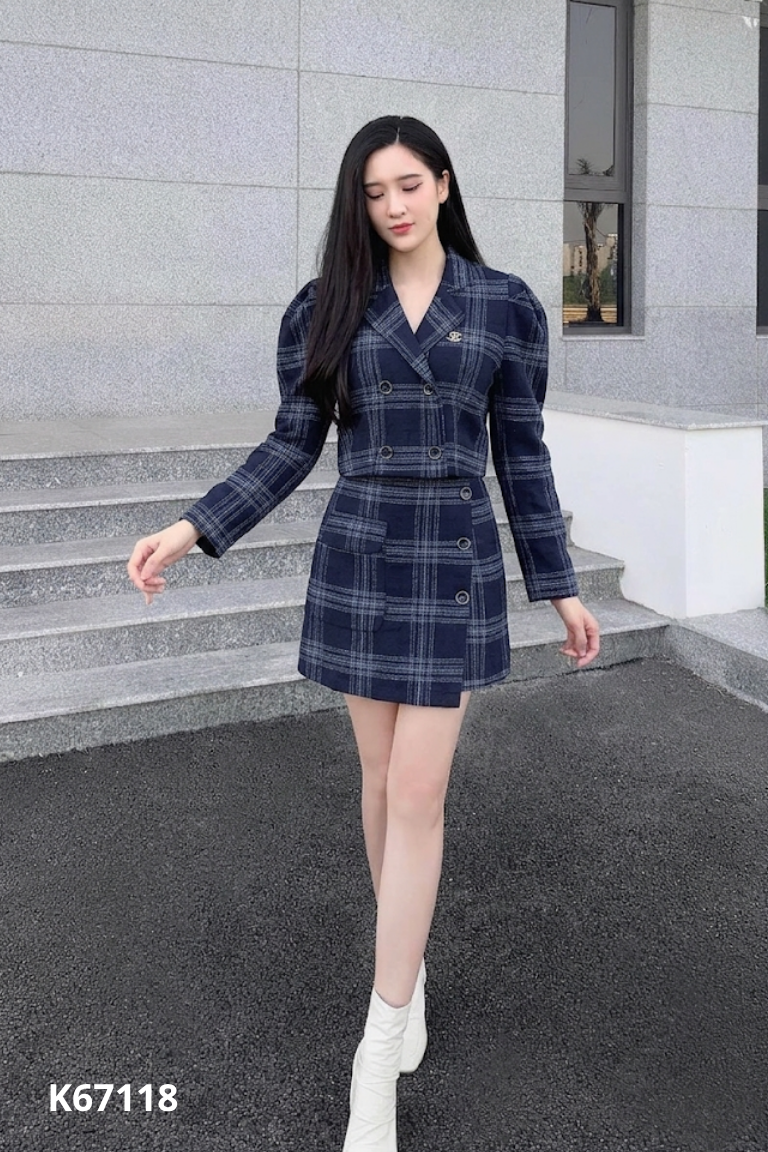 Set dạ xanh áo vest+váy MIZHEEL