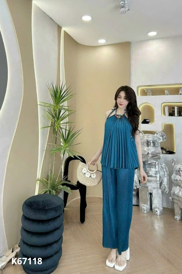 Set xanh xếp li+quần YUTENG