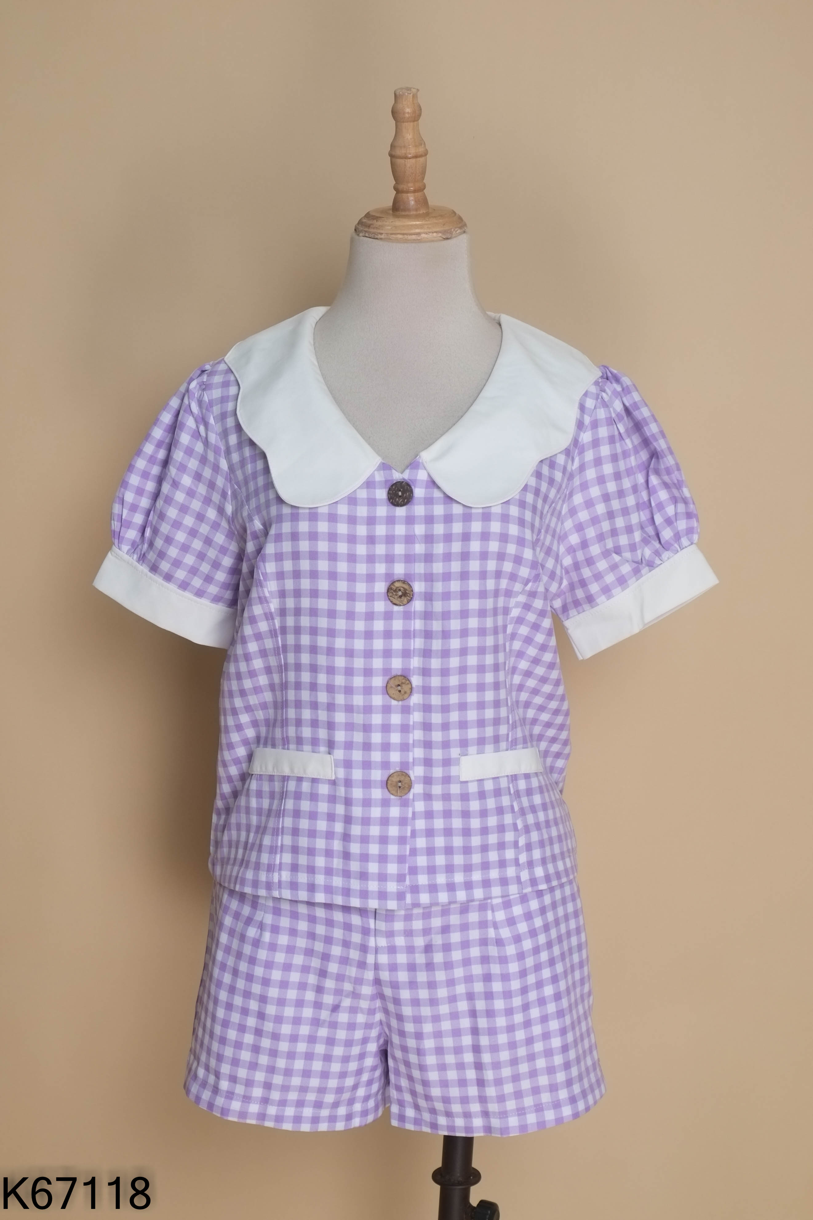 Set Áo tím caro cổ trắng + Quần short