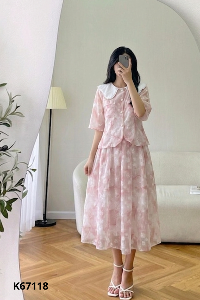 Set Áo hồng cổ trắng sát nách + Chân váy