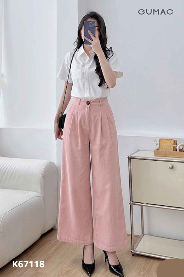 Quần jeans mềm hồng trơn ống rộng