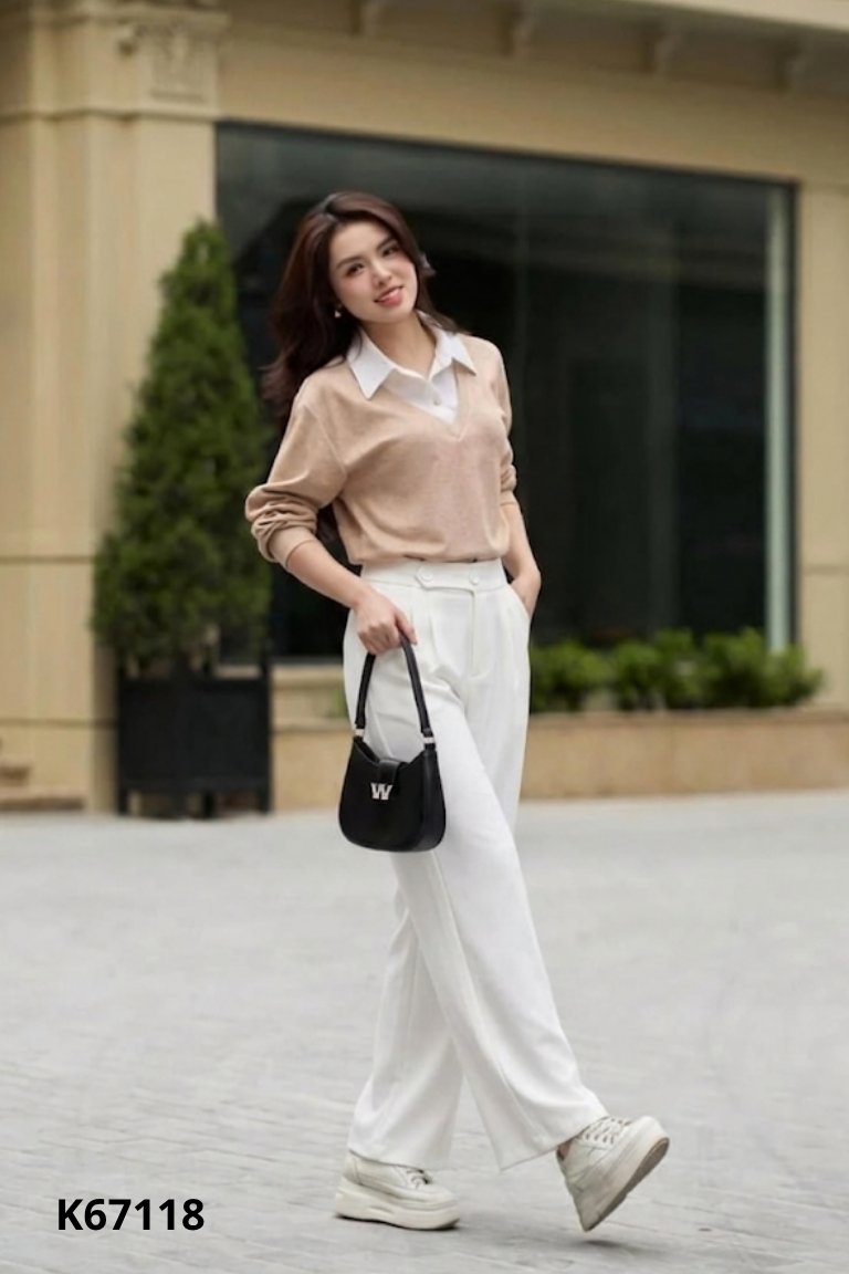 Quần vải kem trơn chun ống rộng