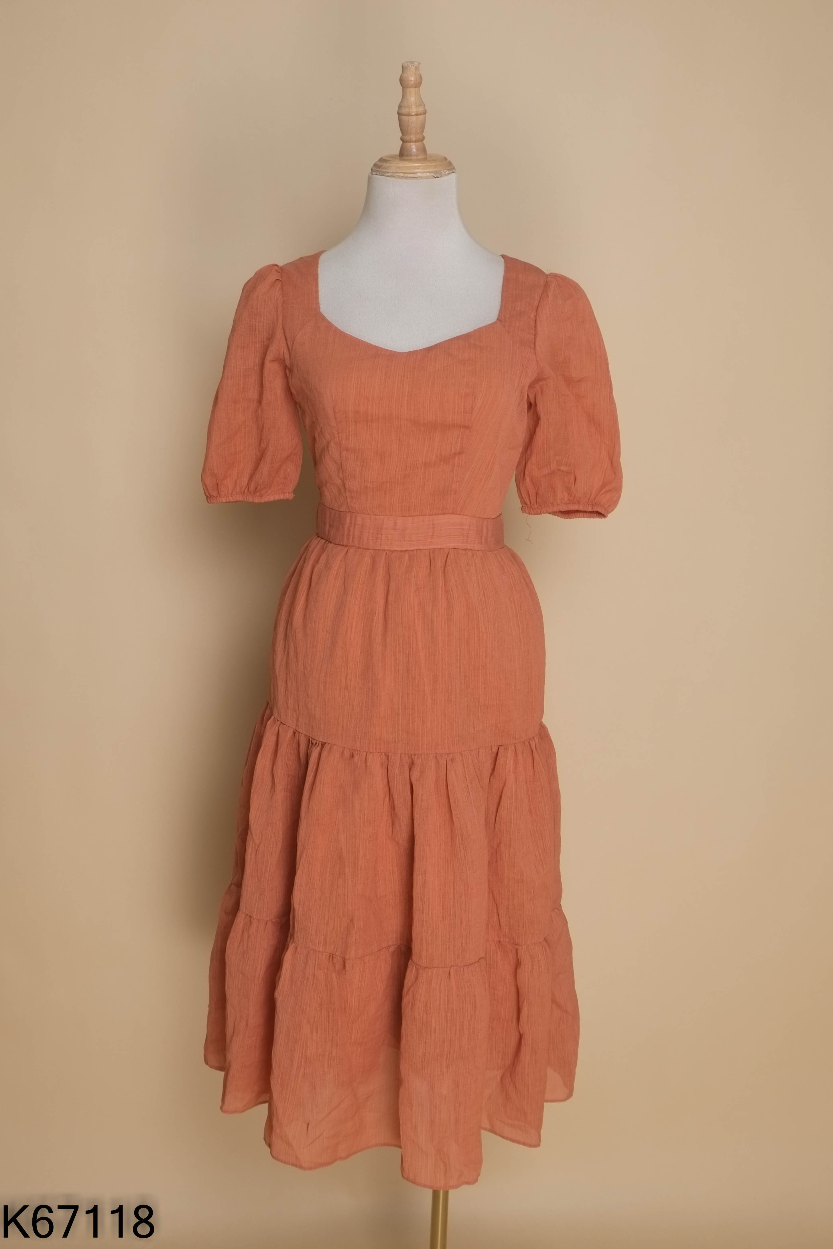 Váy babydoll hồng gỗ trơn cổ tròn