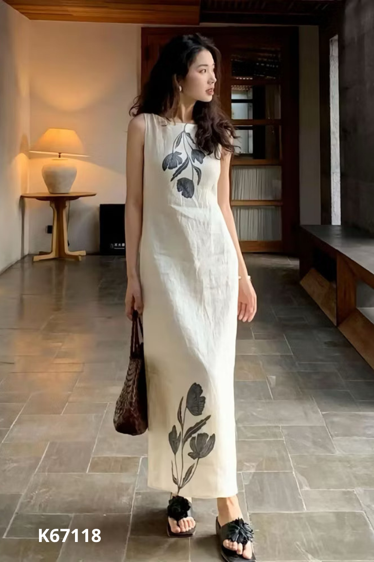 Váy be sát nách dài in họa tiết