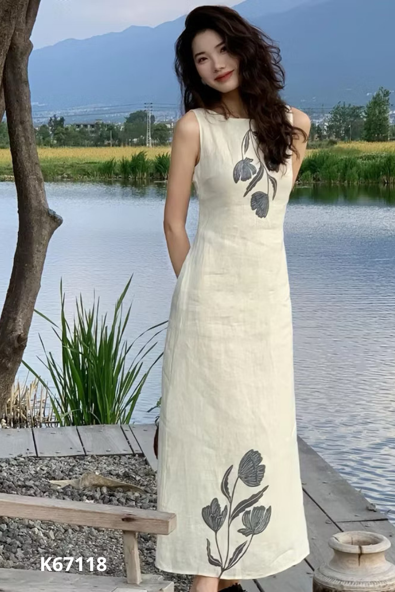 Váy be sát nách dài in họa tiết