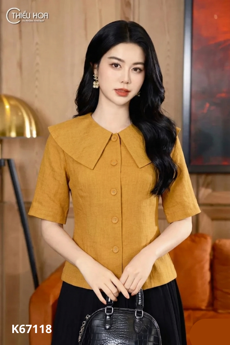 Áo nữ nâu phối cúc công sở