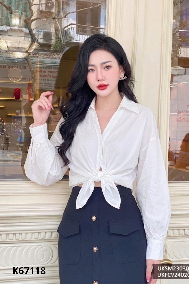 Áo sơ mi trắng kiểu buộc eo