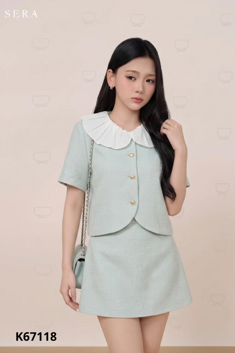 Áo sơ mi MEGA xanh cổ bèo trắng