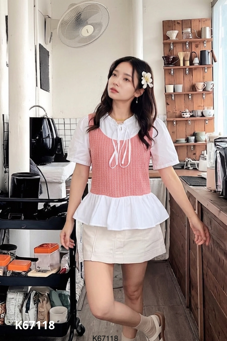 Áo sơ mi đỏ phối trắng