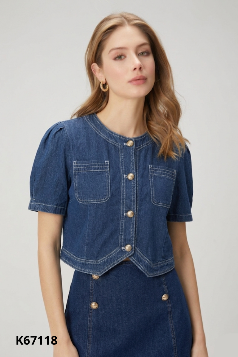 Áo sơ mi jeans xanh chỉ trắng