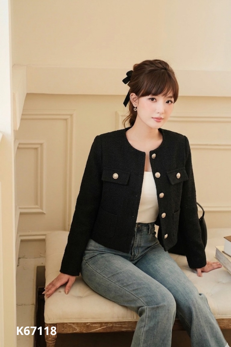 Áo khoác dạ đen cúc đồng